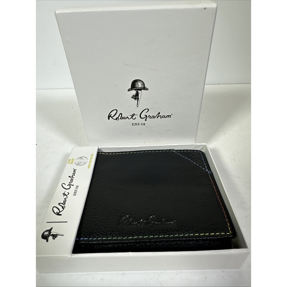 New Robert Graham Prada Mens Bifold Wallet RFID Blocking Black Pebble Leather